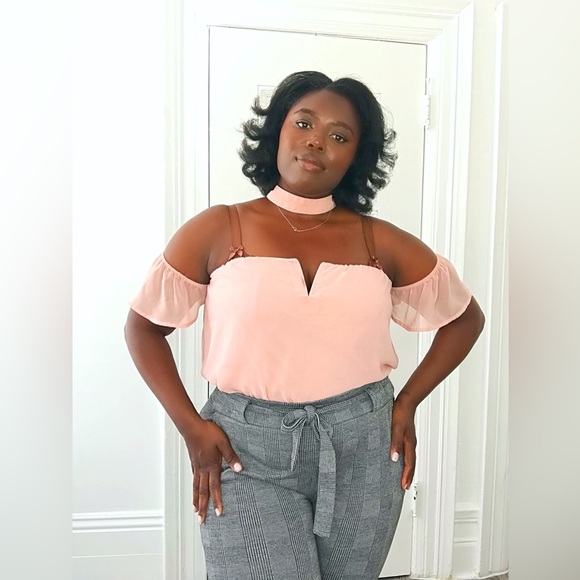 Powder Pink Off The Shoulder Top With Slit Front Lightweight Top With NeckTie - Picture 3 of 7